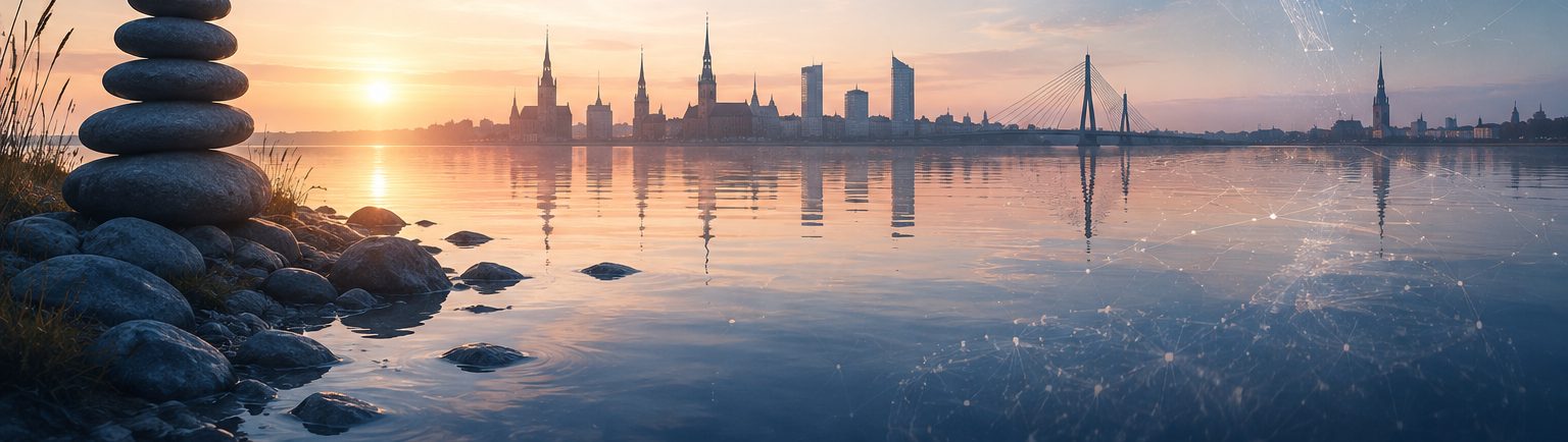 Rīgas panorāma saulrietā ar digitālā tīkla vizualizāciju — BalticMind AI automatizācija